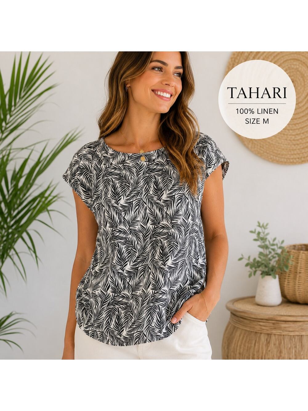 Tahari 100% Linen Tropical Palm Leaf Blouse M Coastal Resort Top